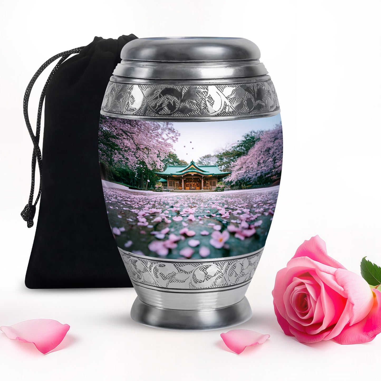 Ivory White Cherry Blossom Cremation Urn back view with polished surface - regal cherry blossom design with crown-inspired accents - full-size 10 inch 200 cubic inch adult cremation urn