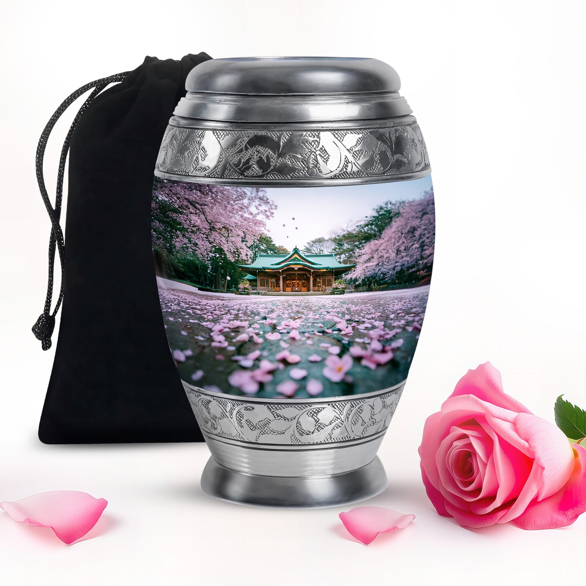 Ivory White Cherry Blossom Cremation Urn back view with polished surface - regal cherry blossom design with crown-inspired accents - full-size 10 inch 200 cubic inch adult cremation urn