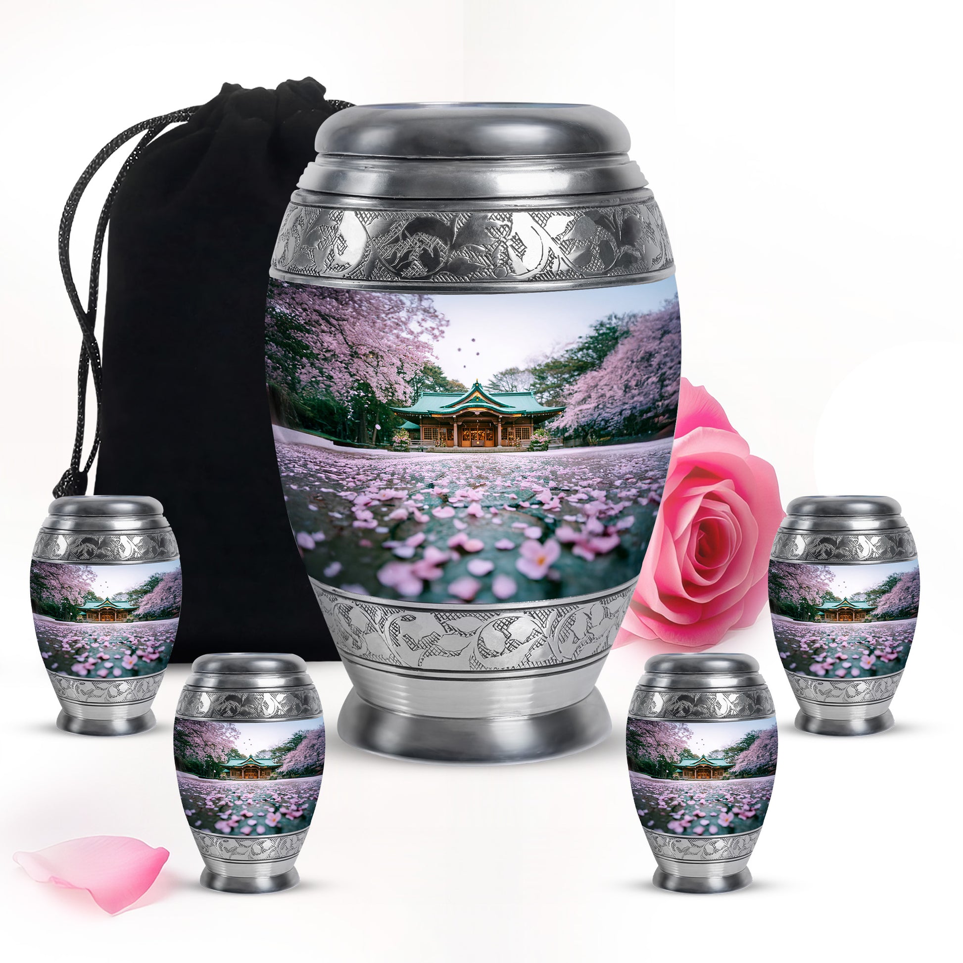 Pure White Cherry Blossom Cremation Urn detail view - ornate monarch-style cherry blossom relief on brushed aluminum - memorial set with one large and four small urns