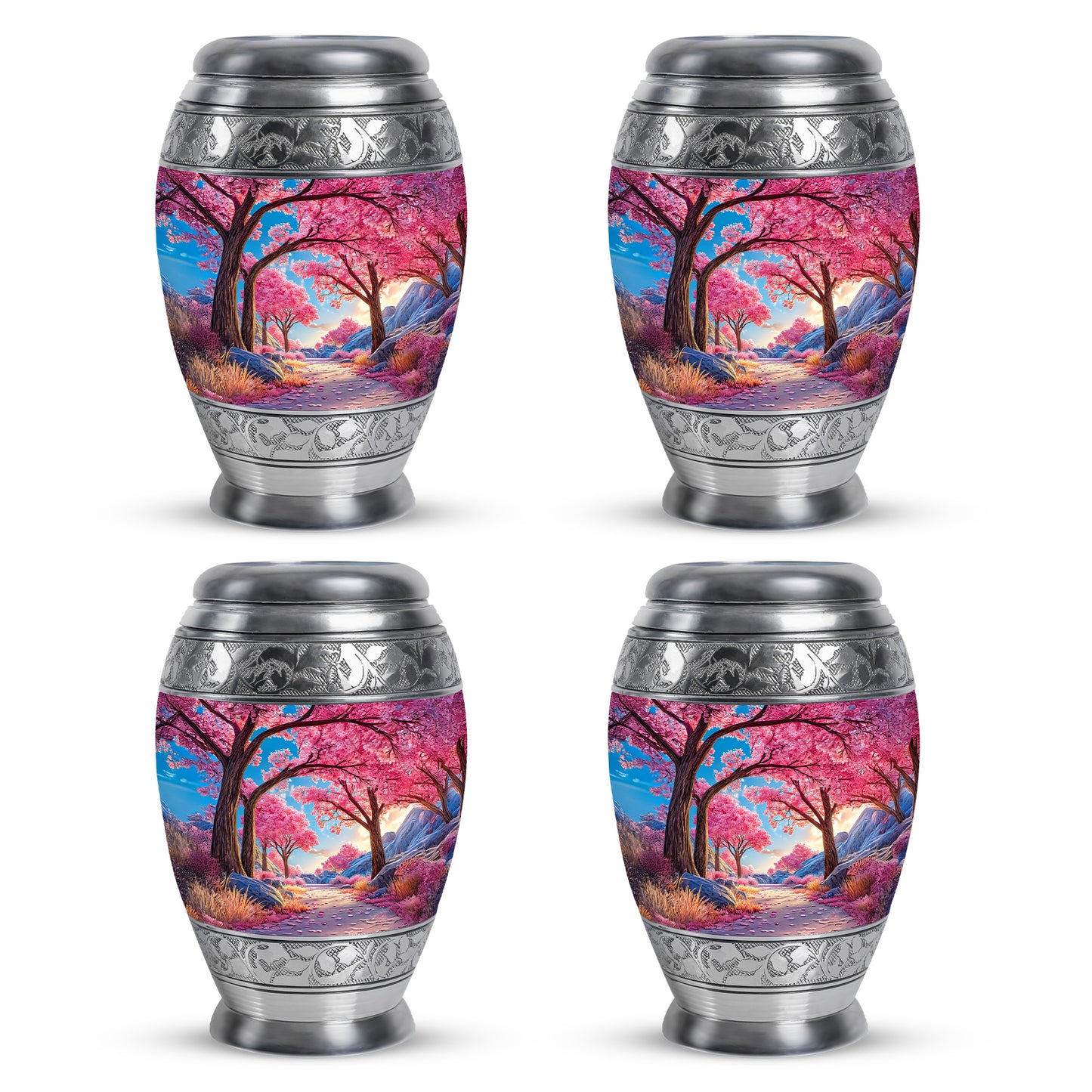 Powder Blue Cherry Blossom Cremation Urn urn with complimentary velvet bag - ornate monarch-style cherry blossom relief on brushed aluminum - 10 inch aluminum urn for cremated remains
