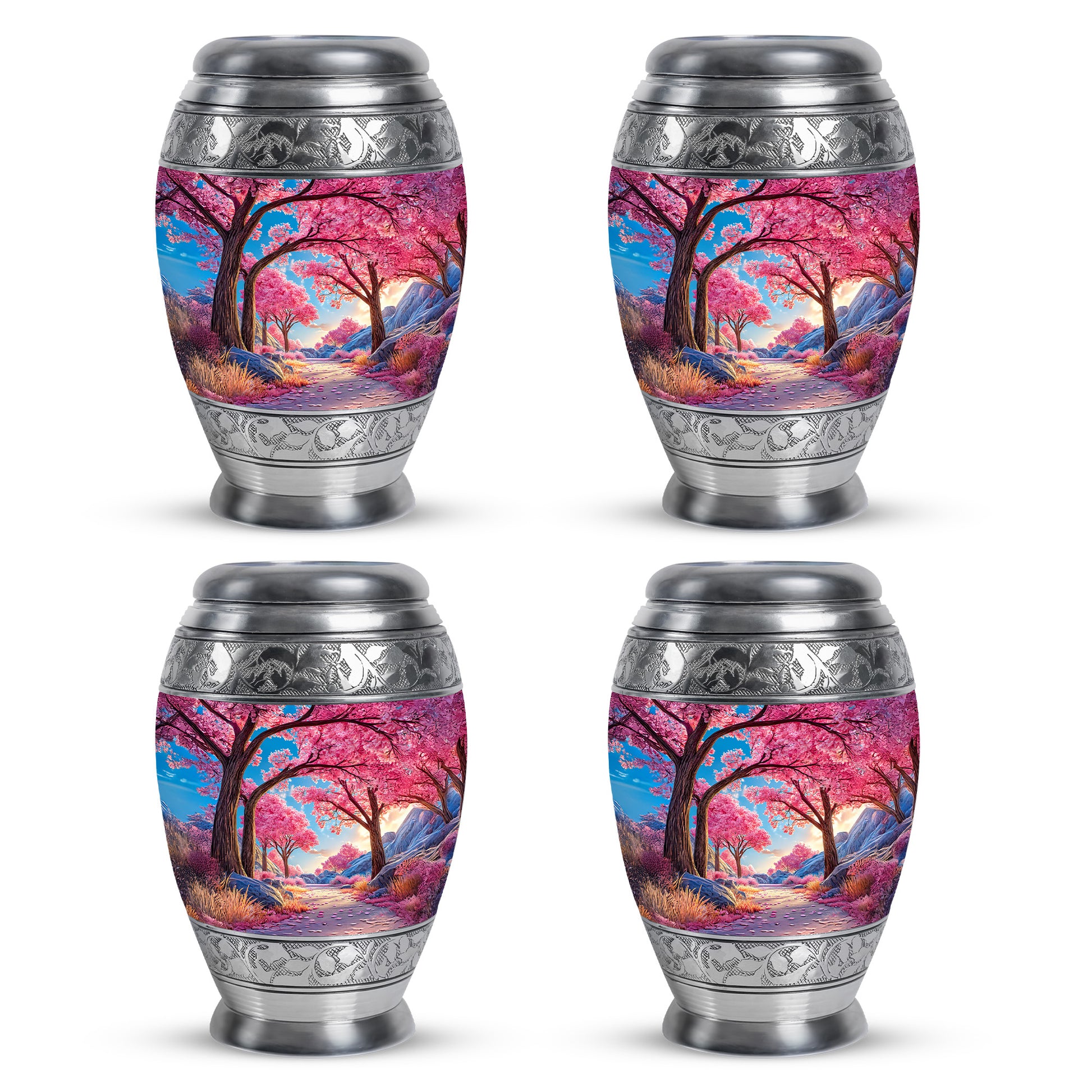 Powder Blue Cherry Blossom Cremation Urn urn with complimentary velvet bag - ornate monarch-style cherry blossom relief on brushed aluminum - 10 inch aluminum urn for cremated remains