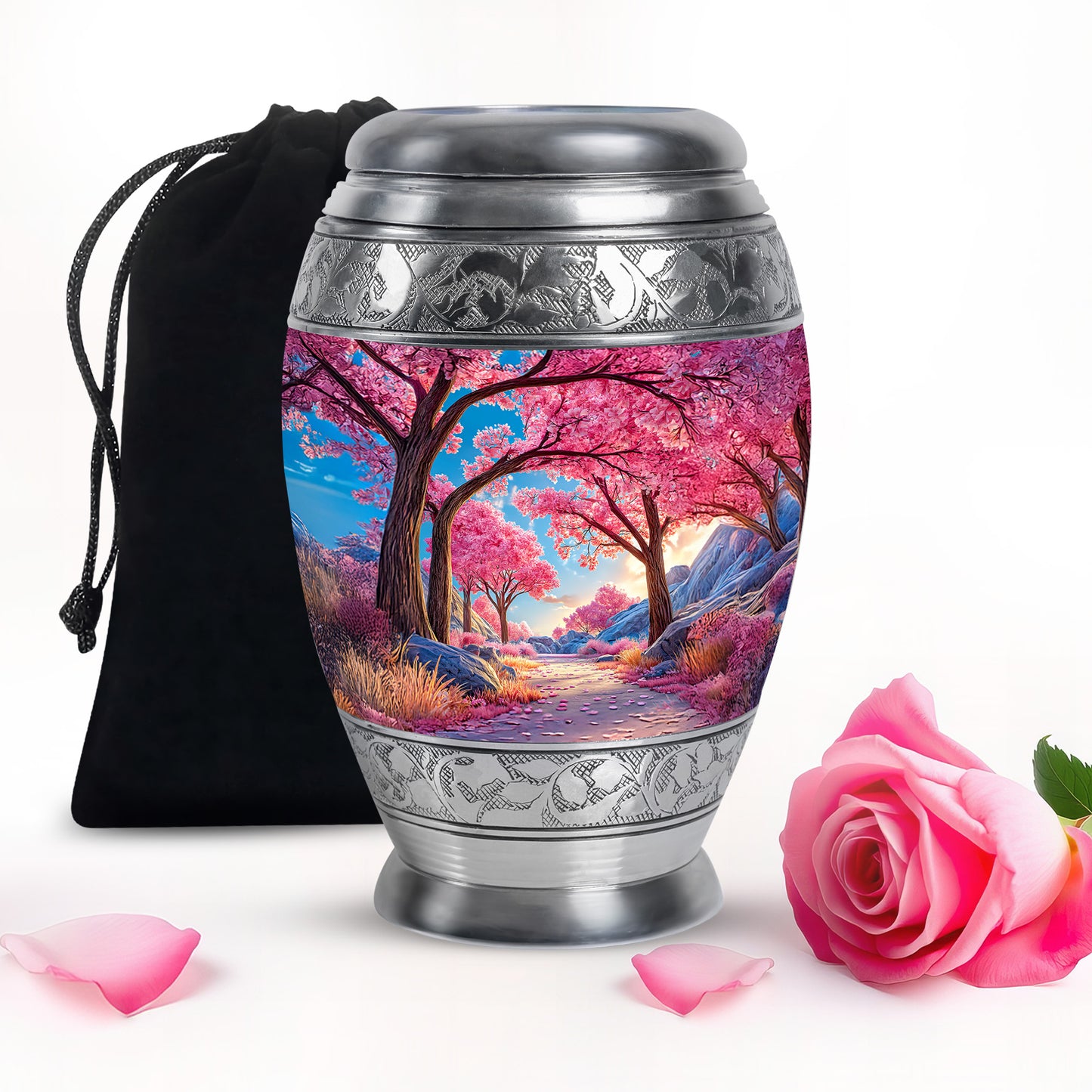 Vivid Blue Cherry Blossom Cremation Urn back view with polished surface - royal cherry blossom engraving with decorative scrollwork - full-size 10 inch 200 cubic inch adult cremation urn