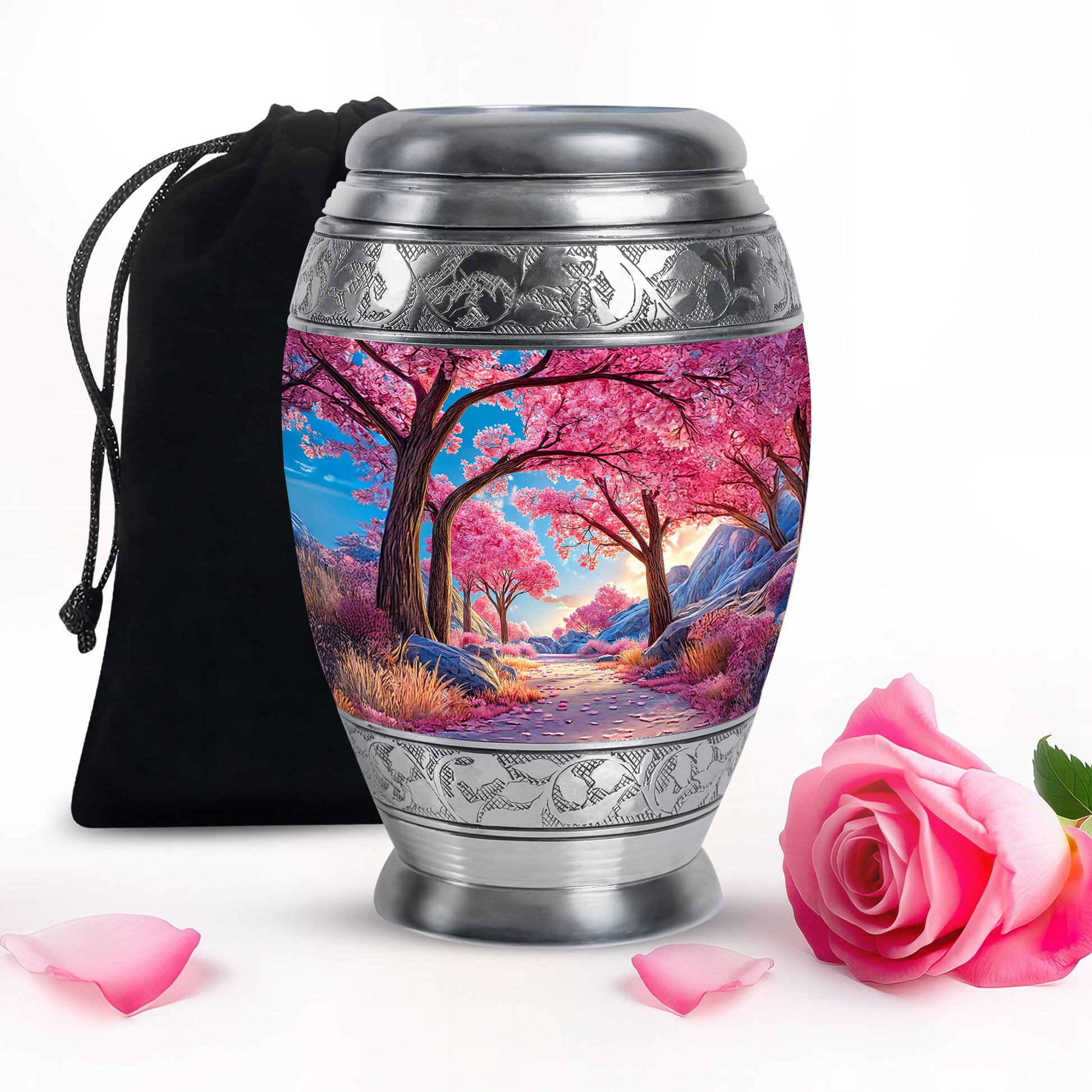Vivid Blue Cherry Blossom Cremation Urn back view with polished surface - royal cherry blossom engraving with decorative scrollwork - full-size 10 inch 200 cubic inch adult cremation urn