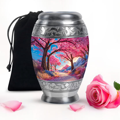 Vivid Blue Cherry Blossom Cremation Urn back view with polished surface - royal cherry blossom engraving with decorative scrollwork - full-size 10 inch 200 cubic inch adult cremation urn