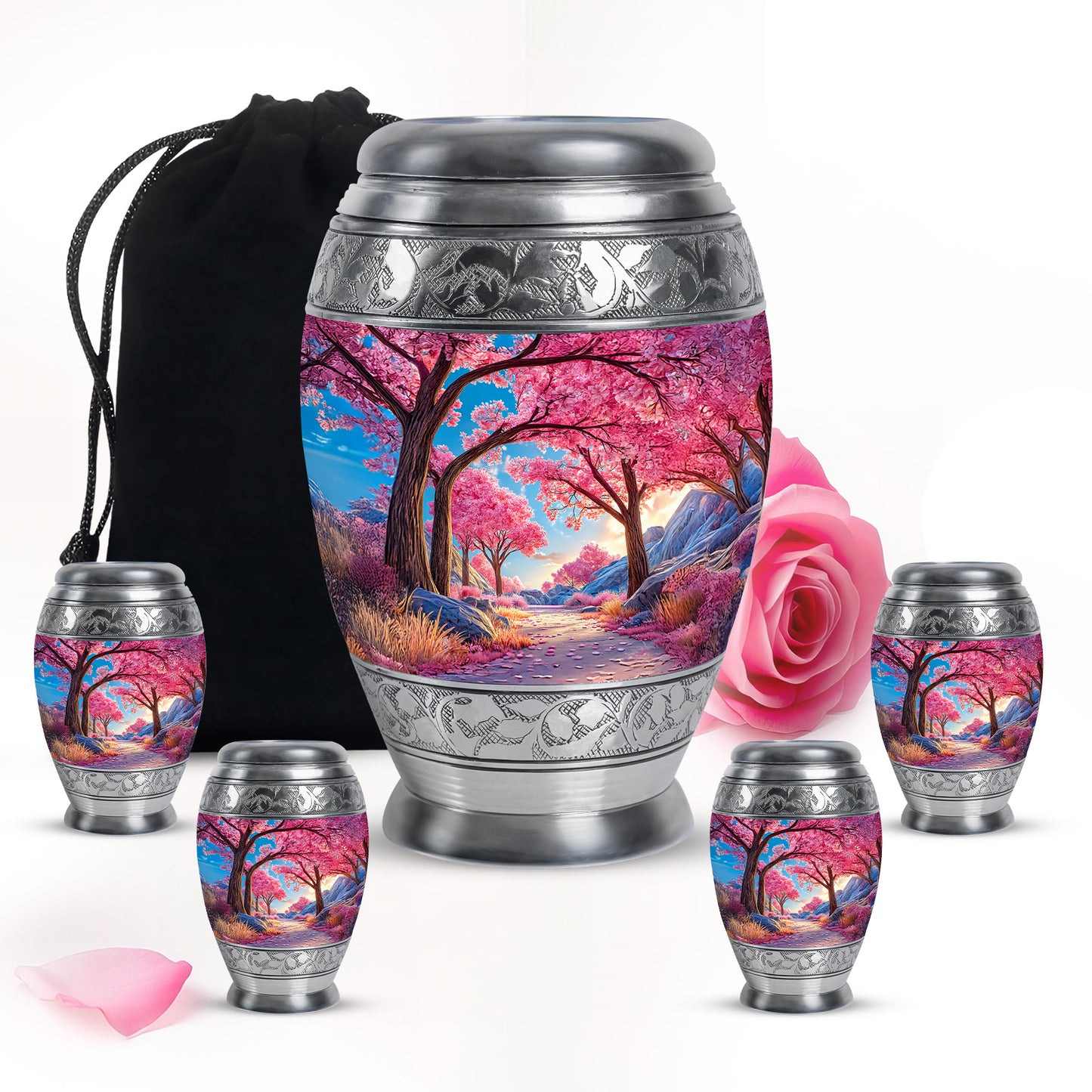 Misty Blue Cherry Blossom Cremation Urn detail view - ornate monarch-style cherry blossom relief on brushed aluminum - memorial set with one large and four small urns