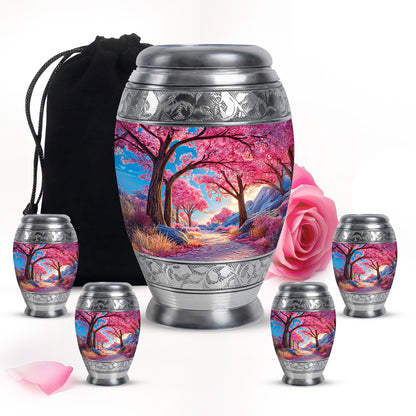 Misty Blue Cherry Blossom Cremation Urn detail view - ornate monarch-style cherry blossom relief on brushed aluminum - memorial set with one large and four small urns