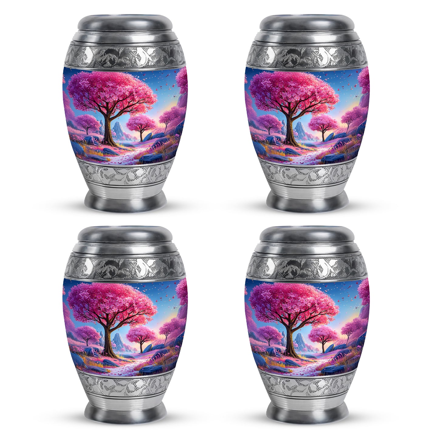 Sapphire Blue Cherry Blossom Cremation Urn urn with complimentary velvet bag - majestic cherry blossom pattern with filigree border - 10 inch aluminum urn for cremated remains