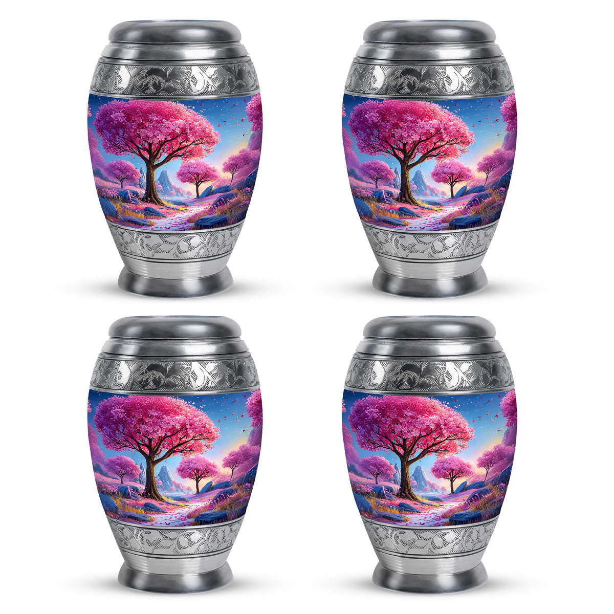 Sapphire Blue Cherry Blossom Cremation Urn urn with complimentary velvet bag - majestic cherry blossom pattern with filigree border - 10 inch aluminum urn for cremated remains