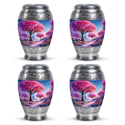 Sapphire Blue Cherry Blossom Cremation Urn urn with complimentary velvet bag - majestic cherry blossom pattern with filigree border - 10 inch aluminum urn for cremated remains