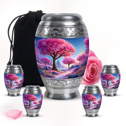 Sapphire Blue Cherry Blossom Cremation Urn detail view - majestic cherry blossom pattern with filigree border - memorial set with one large and four small urns