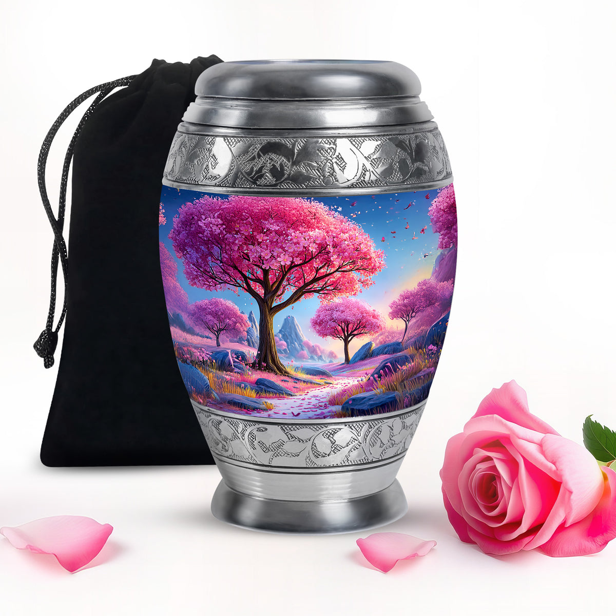 Soft Blue Cherry Blossom Cremation Urn back view with polished surface - royal cherry blossom engraving with decorative scrollwork - full-size 10 inch 200 cubic inch adult cremation urn