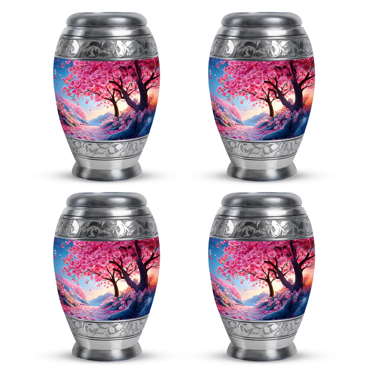 Coral Pink Cherry Blossom Cremation Urn urn with complimentary velvet bag - regal cherry blossom design with crown-inspired accents - 10 inch aluminum urn for cremated remains