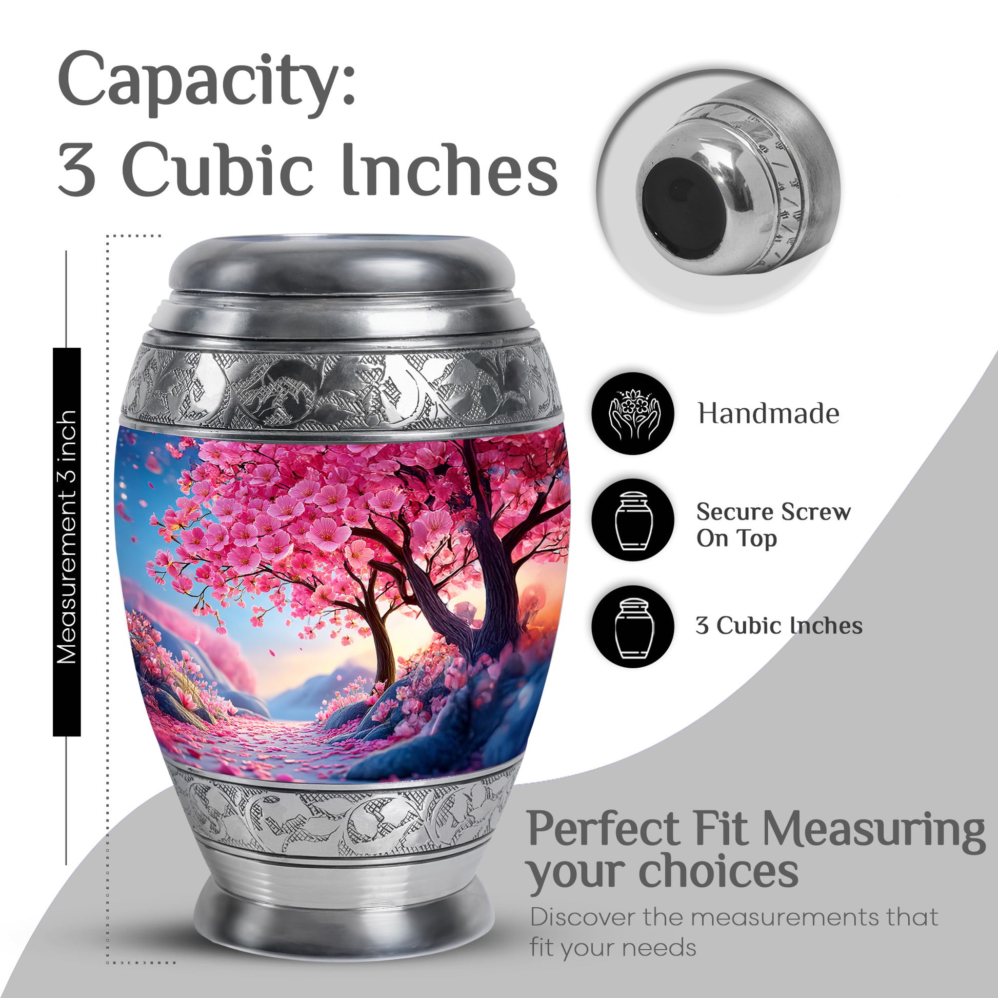 Peony Pink Cherry Blossom Cremation Urn lifestyle display on memorial shelf - regal cherry blossom design with crown-inspired accents - mini keepsake memorial for portion of cremation ashes
