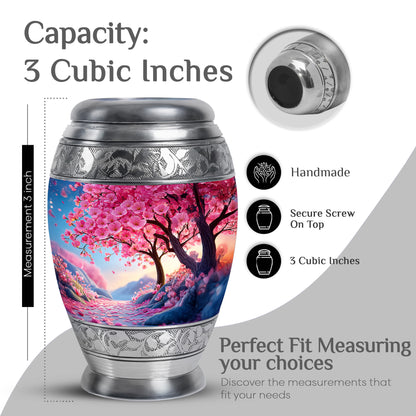 Peony Pink Cherry Blossom Cremation Urn lifestyle display on memorial shelf - regal cherry blossom design with crown-inspired accents - mini keepsake memorial for portion of cremation ashes