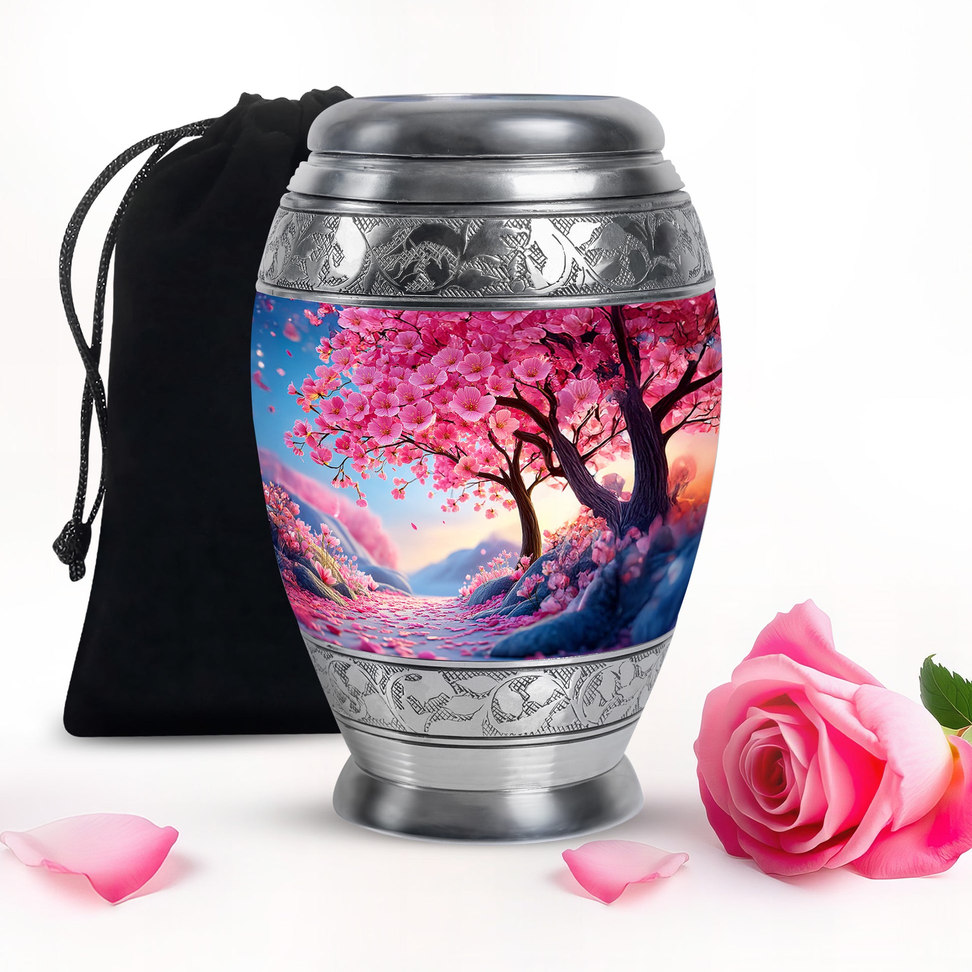 Blush Pink Cherry Blossom Cremation Urn back view with polished surface - regal cherry blossom design with crown-inspired accents - full-size 10 inch 200 cubic inch adult cremation urn