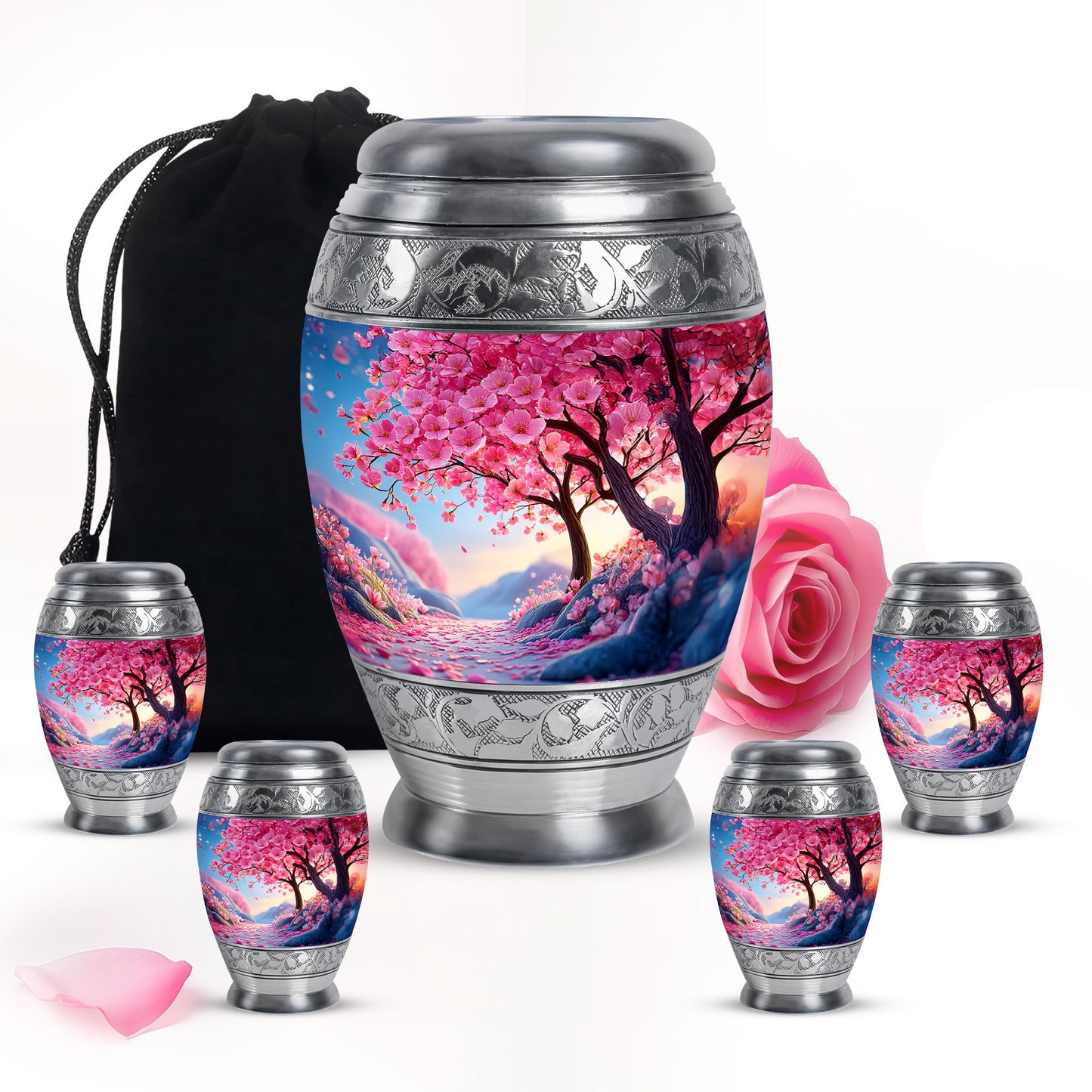 Pastel Pink Cherry Blossom Cremation Urn detail view - regal cherry blossom design with crown-inspired accents - memorial set with one large and four small urns