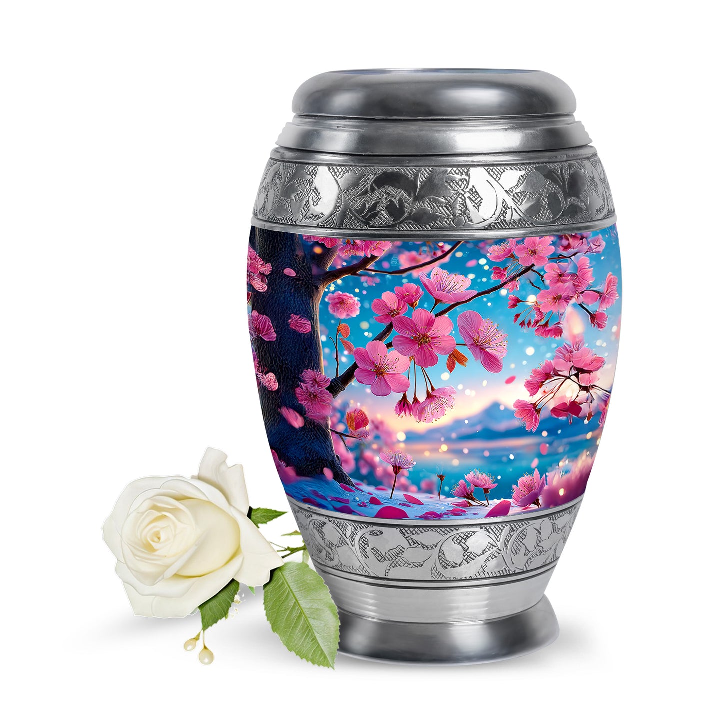 Teal Sacred Cherry Blossom Cremation Urns for Human Ashes - 10-inch, 200 cu in - Yatskia
