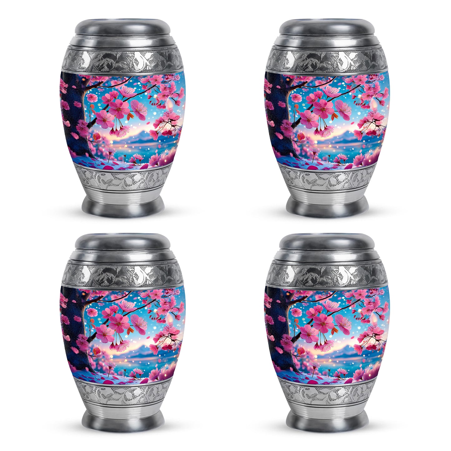Vivid Teal Cherry Blossom Cremation Urn urn with complimentary velvet bag - majestic cherry blossom pattern with filigree border - 10 inch aluminum urn for cremated remains