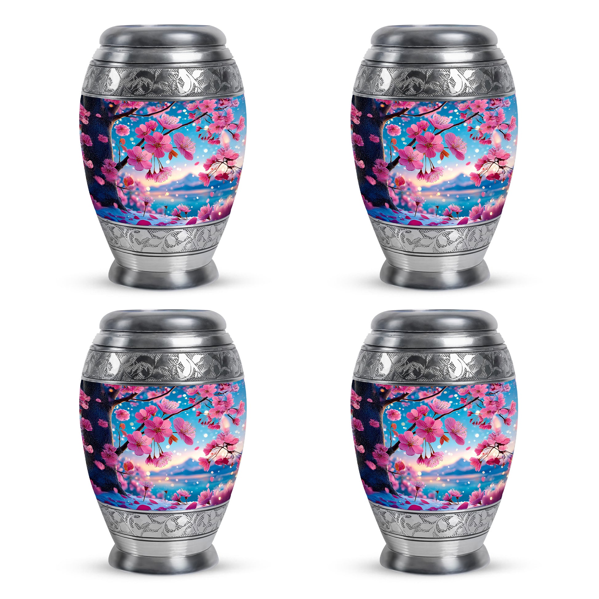 Vivid Teal Cherry Blossom Cremation Urn urn with complimentary velvet bag - majestic cherry blossom pattern with filigree border - 10 inch aluminum urn for cremated remains