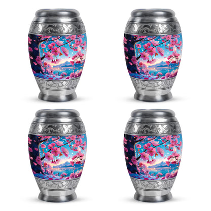 Vivid Teal Cherry Blossom Cremation Urn urn with complimentary velvet bag - majestic cherry blossom pattern with filigree border - 10 inch aluminum urn for cremated remains