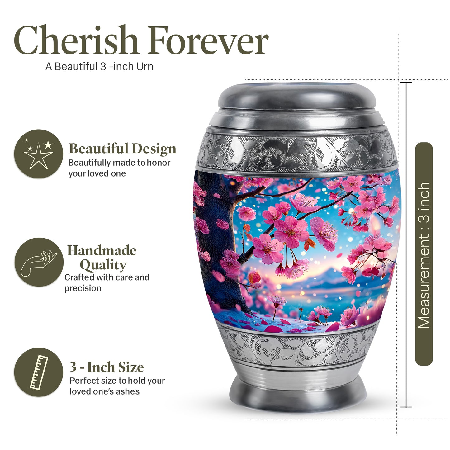 Vivid Teal Cherry Blossom Cremation Urn lifestyle display on memorial shelf - royal cherry blossom engraving with decorative scrollwork - mini keepsake memorial for portion of cremation ashes