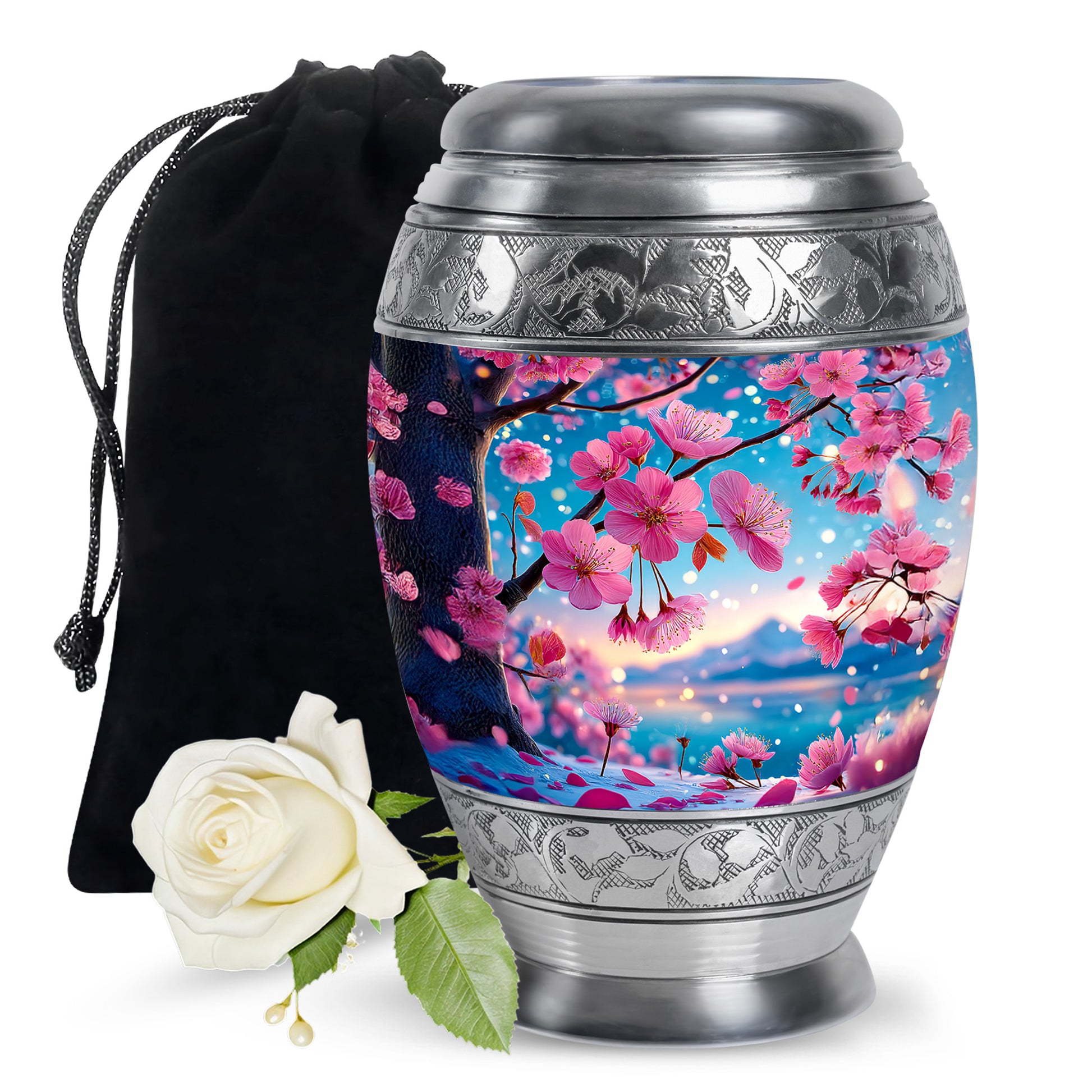 Cool Teal Cherry Blossom Cremation Urn back view with polished surface - ornate monarch-style cherry blossom relief on brushed aluminum - full-size 10 inch 200 cubic inch adult cremation urn