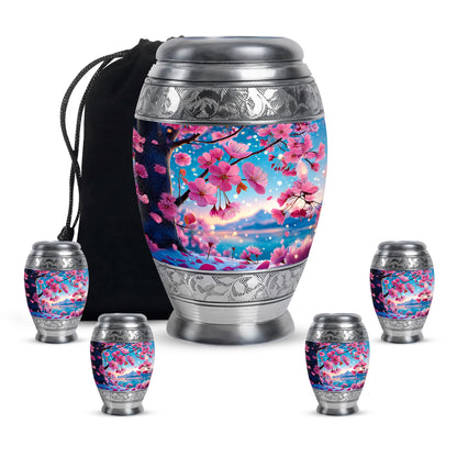 Mystic Teal Cherry Blossom Cremation Urn detail view - majestic cherry blossom pattern with filigree border - memorial set with one large and four small urns
