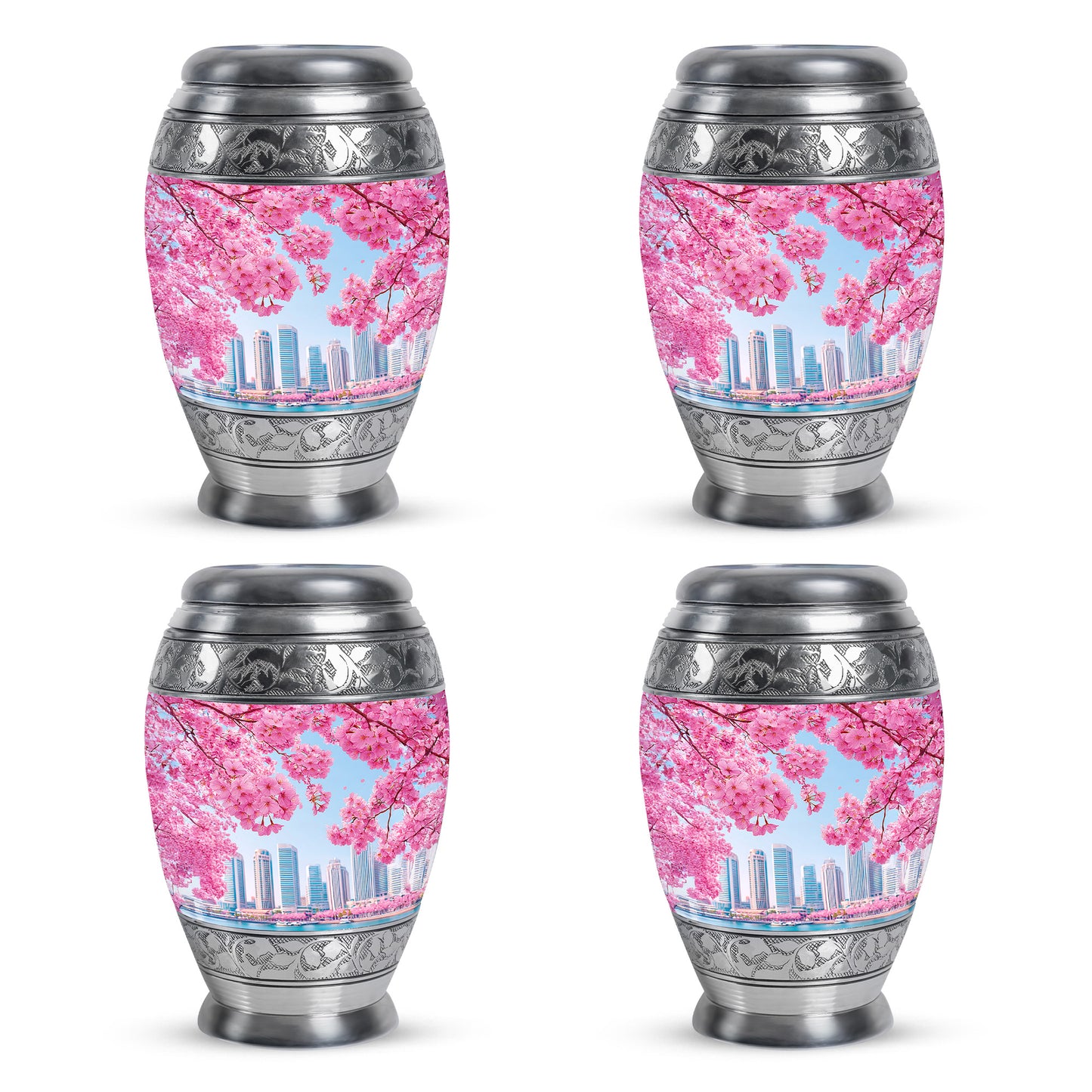 Sapphire Blue Cherry Blossom Cremation Urn urn with complimentary velvet bag - royal cherry blossom engraving with decorative scrollwork - 10 inch aluminum urn for cremated remains