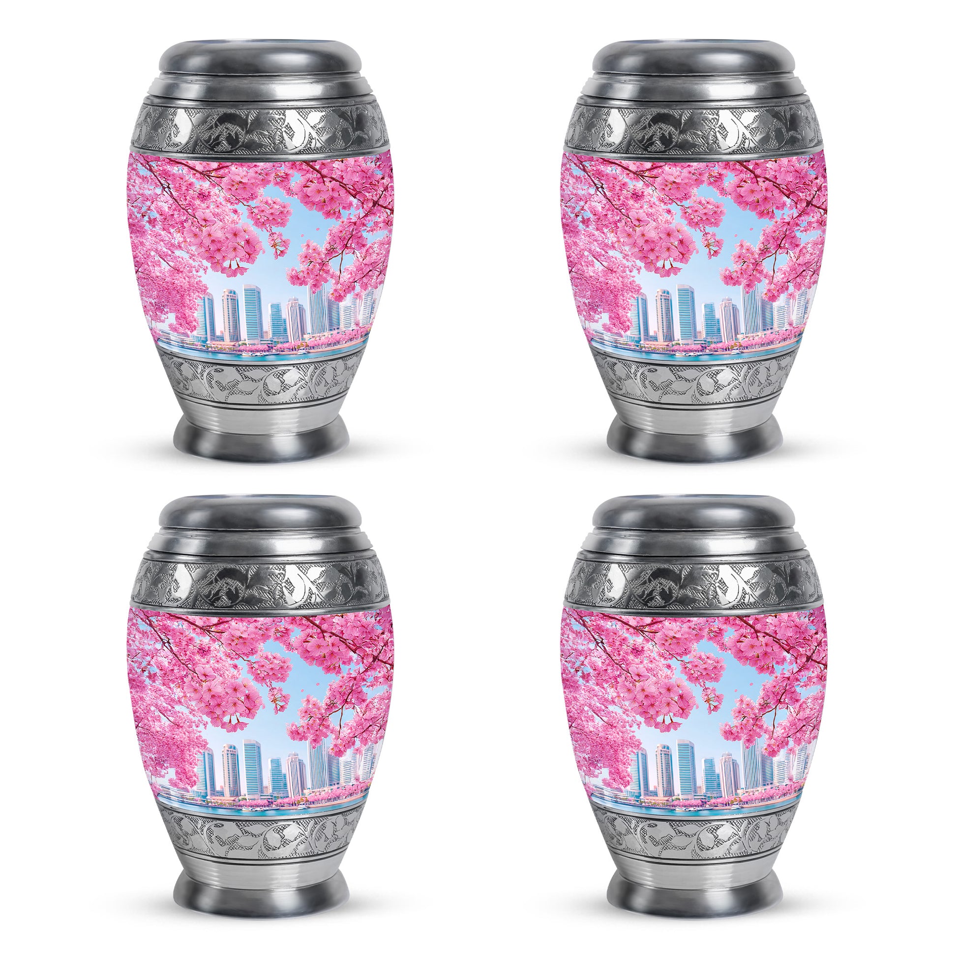 Sapphire Blue Cherry Blossom Cremation Urn urn with complimentary velvet bag - royal cherry blossom engraving with decorative scrollwork - 10 inch aluminum urn for cremated remains