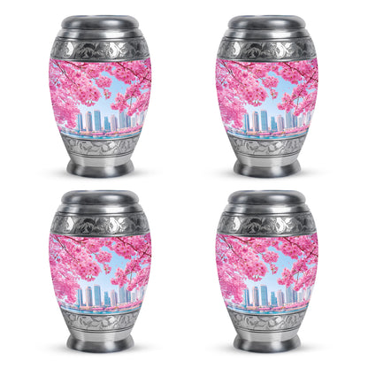 Sapphire Blue Cherry Blossom Cremation Urn urn with complimentary velvet bag - royal cherry blossom engraving with decorative scrollwork - 10 inch aluminum urn for cremated remains