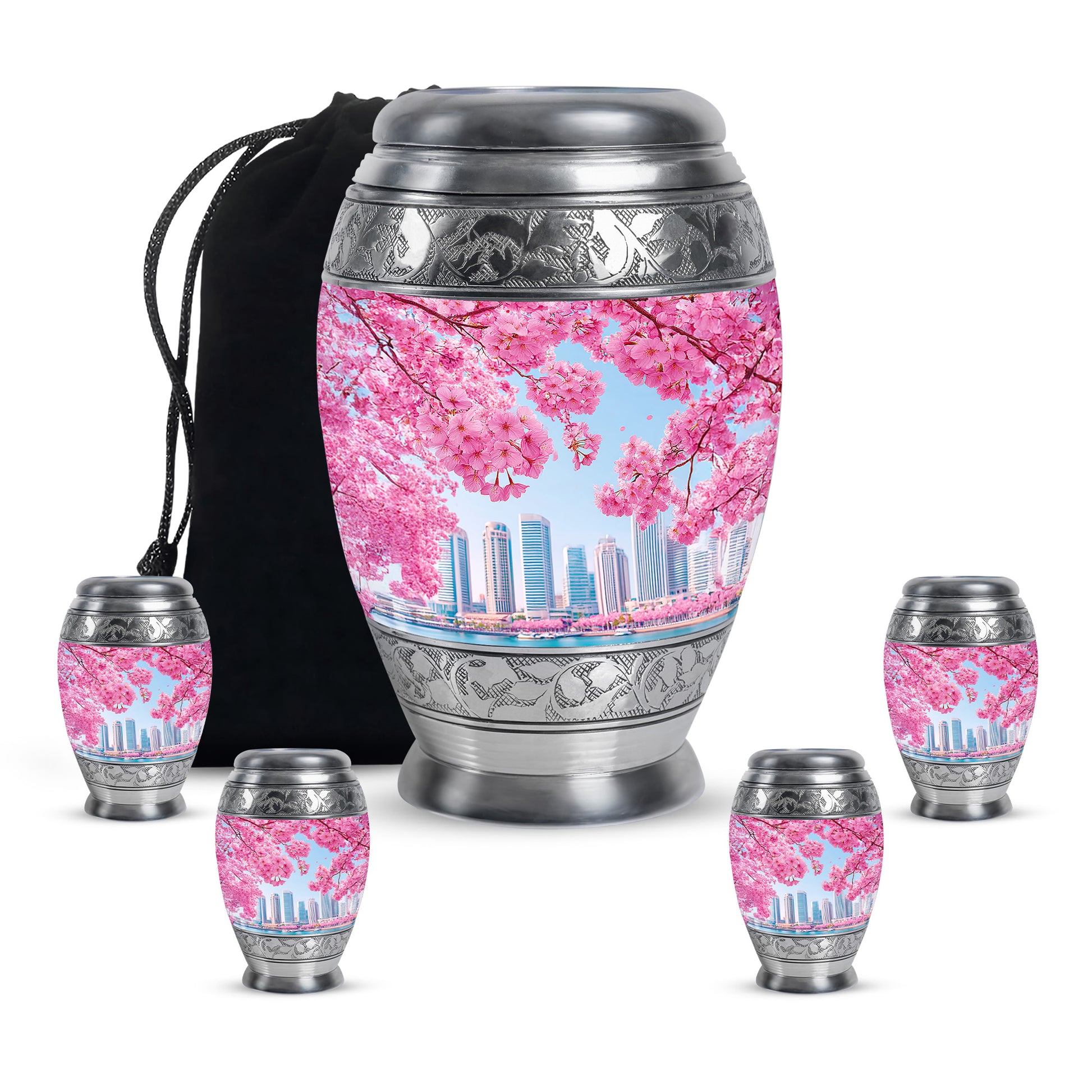 Cobalt Blue Cherry Blossom Cremation Urn detail view - majestic cherry blossom pattern with filigree border - memorial set with one large and four small urns