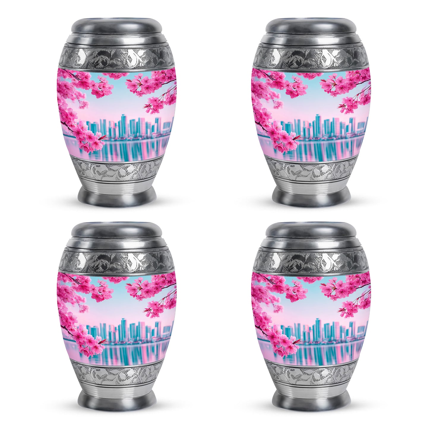 Tropical Teal Cherry Blossom Cremation Urn urn with complimentary velvet bag - royal cherry blossom engraving with decorative scrollwork - 10 inch aluminum urn for cremated remains
