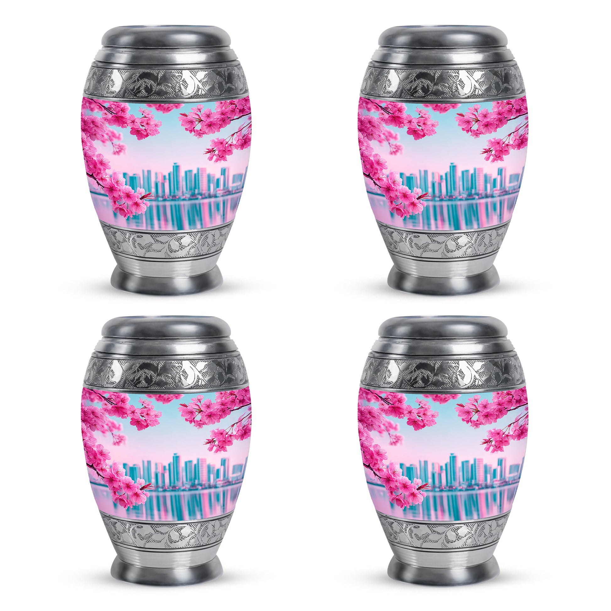 Tropical Teal Cherry Blossom Cremation Urn urn with complimentary velvet bag - royal cherry blossom engraving with decorative scrollwork - 10 inch aluminum urn for cremated remains