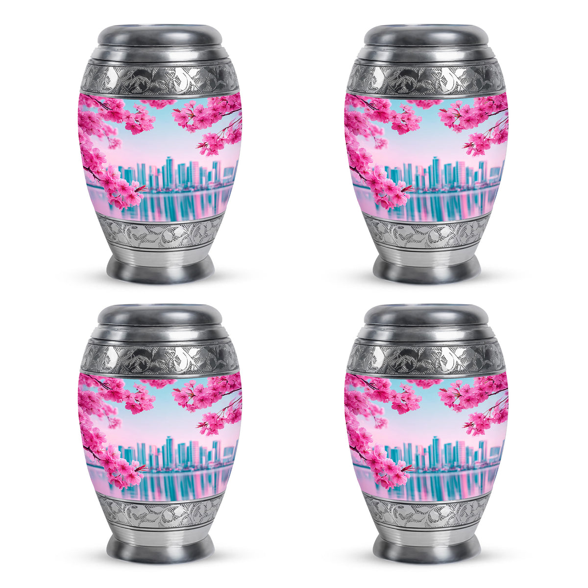 Tropical Teal Cherry Blossom Cremation Urn urn with complimentary velvet bag - royal cherry blossom engraving with decorative scrollwork - 10 inch aluminum urn for cremated remains