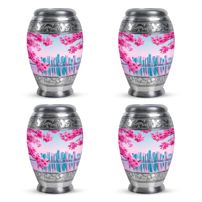 Tropical Teal Cherry Blossom Cremation Urn urn with complimentary velvet bag - royal cherry blossom engraving with decorative scrollwork - 10 inch aluminum urn for cremated remains