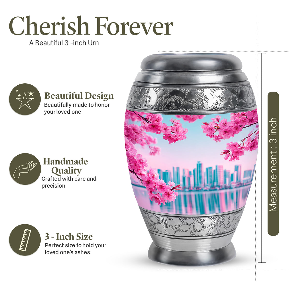 Ocean Teal Cherry Blossom Cremation Urn lifestyle display on memorial shelf - ornate monarch-style cherry blossom relief on brushed aluminum - mini keepsake memorial for portion of cremation ashes
