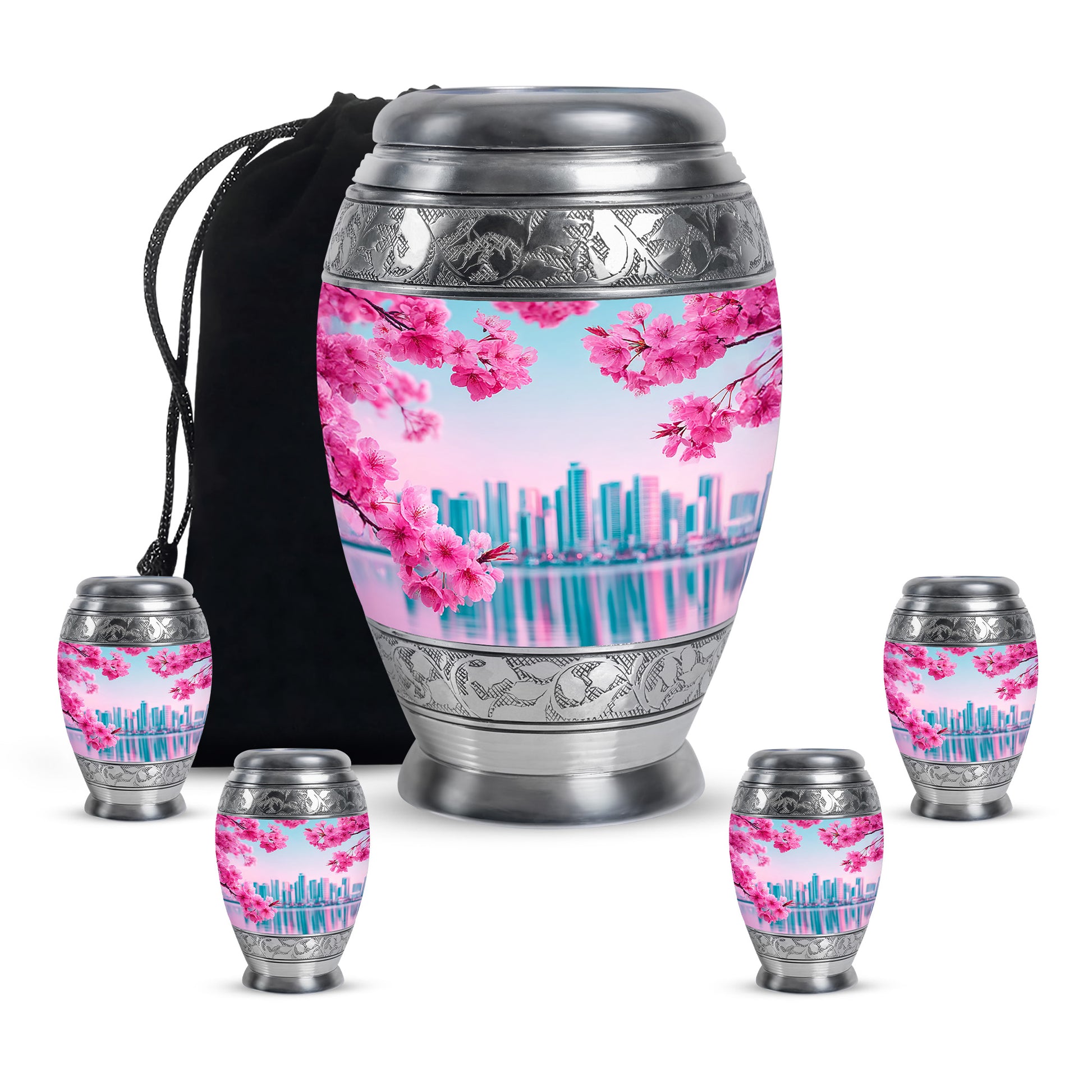 Cool Teal Cherry Blossom Cremation Urn detail view - regal cherry blossom design with crown-inspired accents - memorial set with one large and four small urns