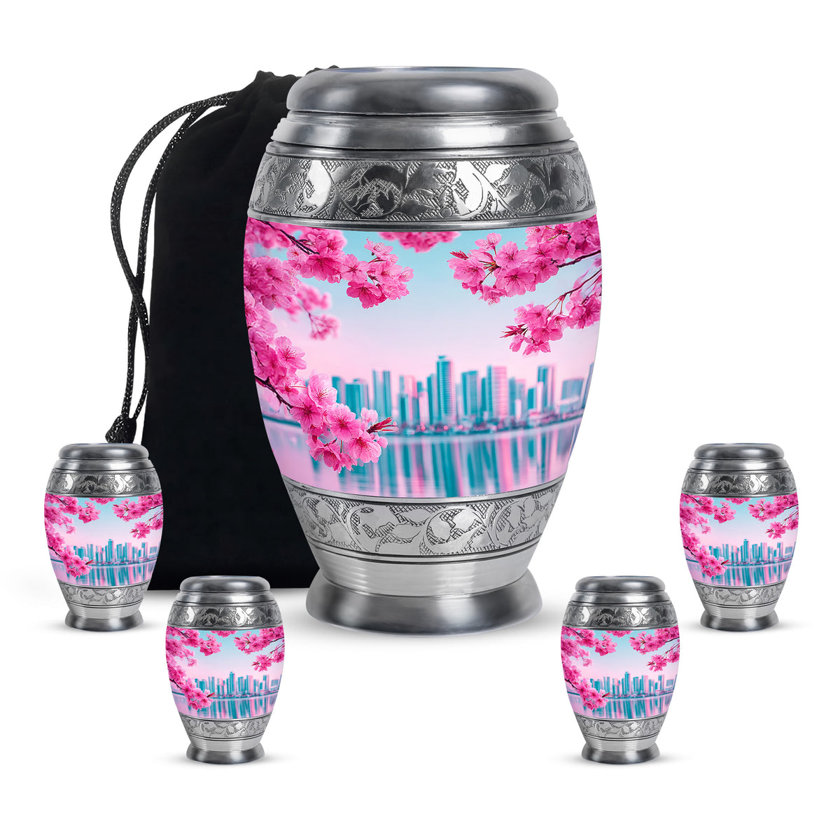 Cool Teal Cherry Blossom Cremation Urn detail view - regal cherry blossom design with crown-inspired accents - memorial set with one large and four small urns