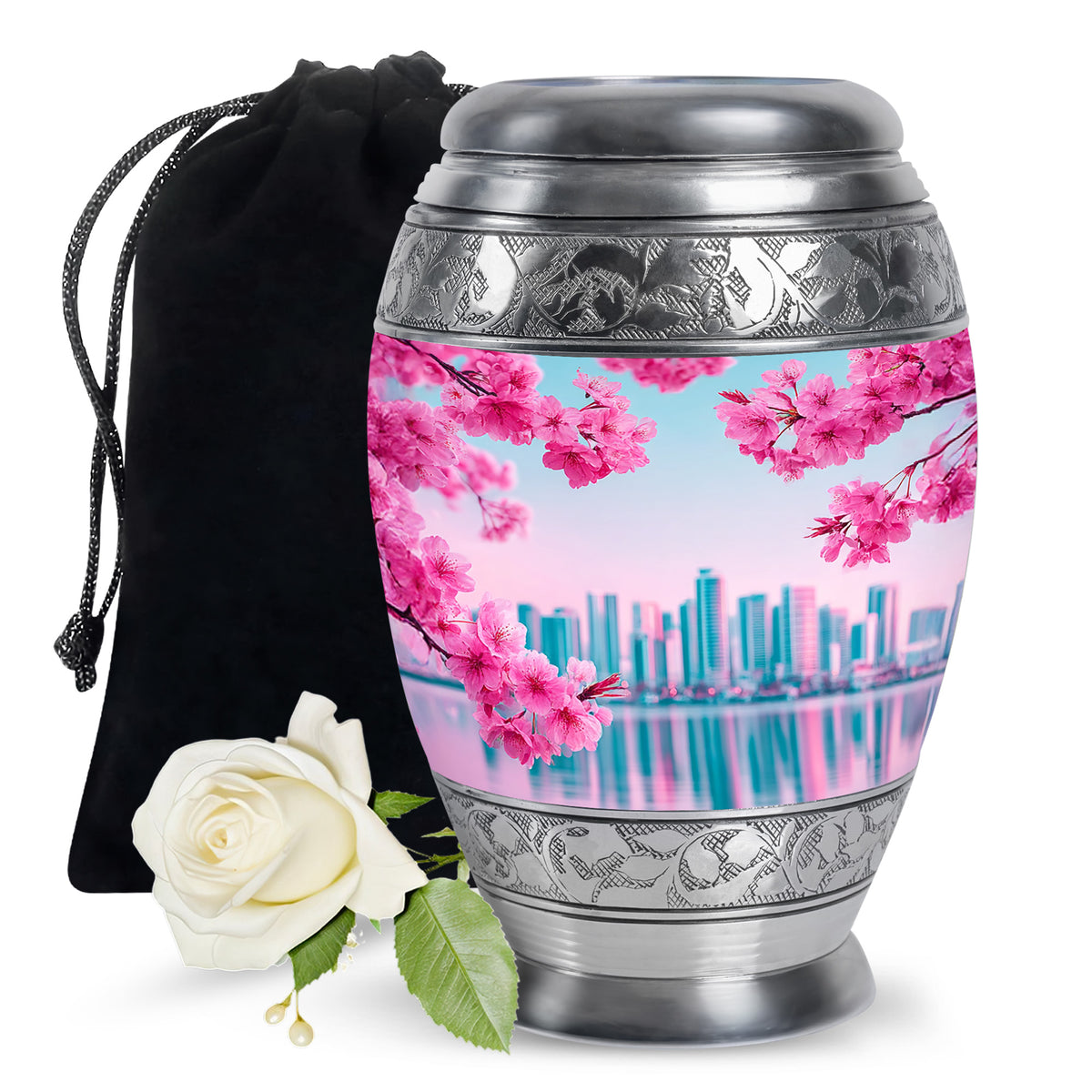 Aqua Teal Cherry Blossom Cremation Urn back view with polished surface - majestic cherry blossom pattern with filigree border - full-size 10 inch 200 cubic inch adult cremation urn