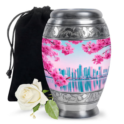 Aqua Teal Cherry Blossom Cremation Urn back view with polished surface - majestic cherry blossom pattern with filigree border - full-size 10 inch 200 cubic inch adult cremation urn