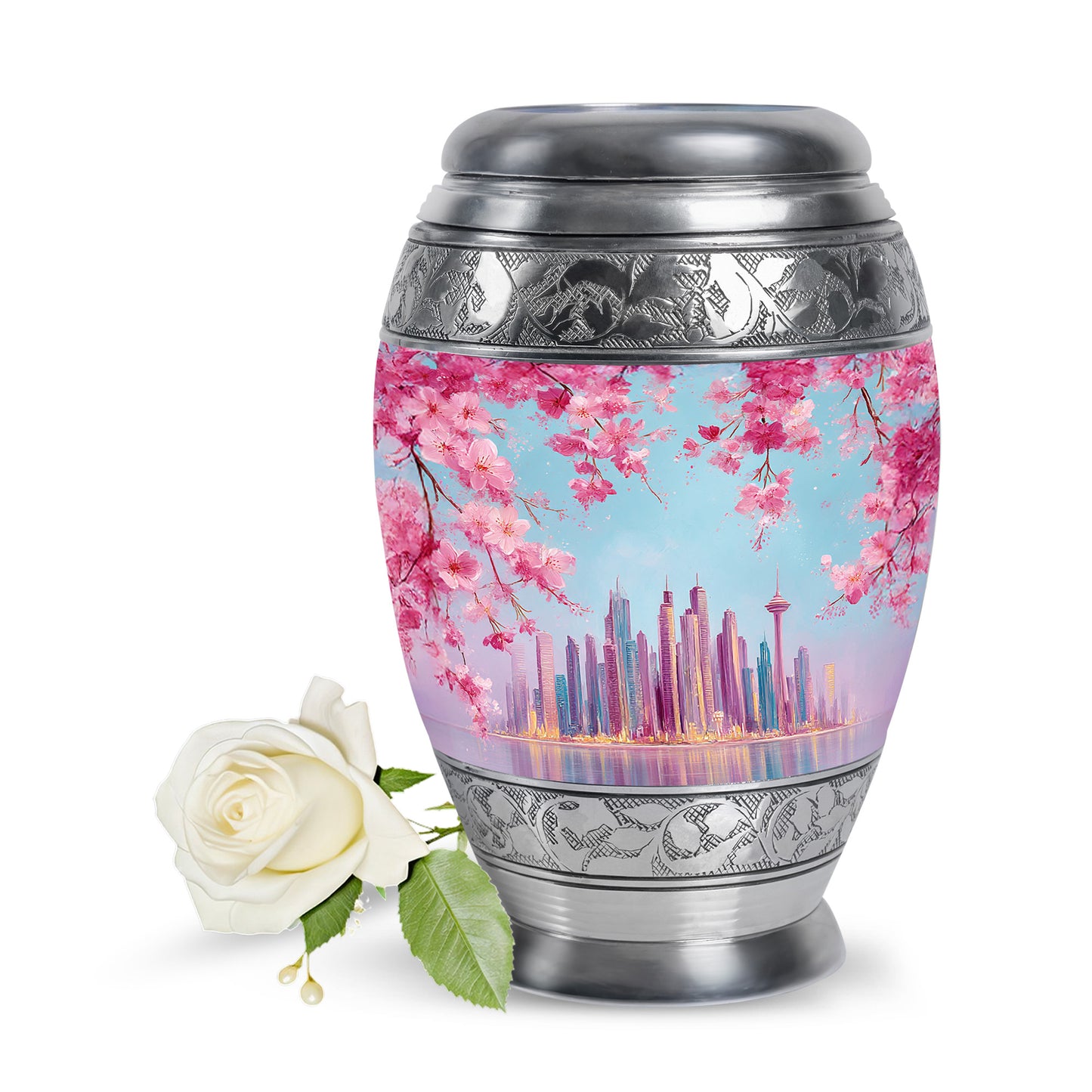 Personalized Blue Revered Cherry Blossom Cremation Urns for Human Ashes - 10-inch, 200 cu in - Yatskia