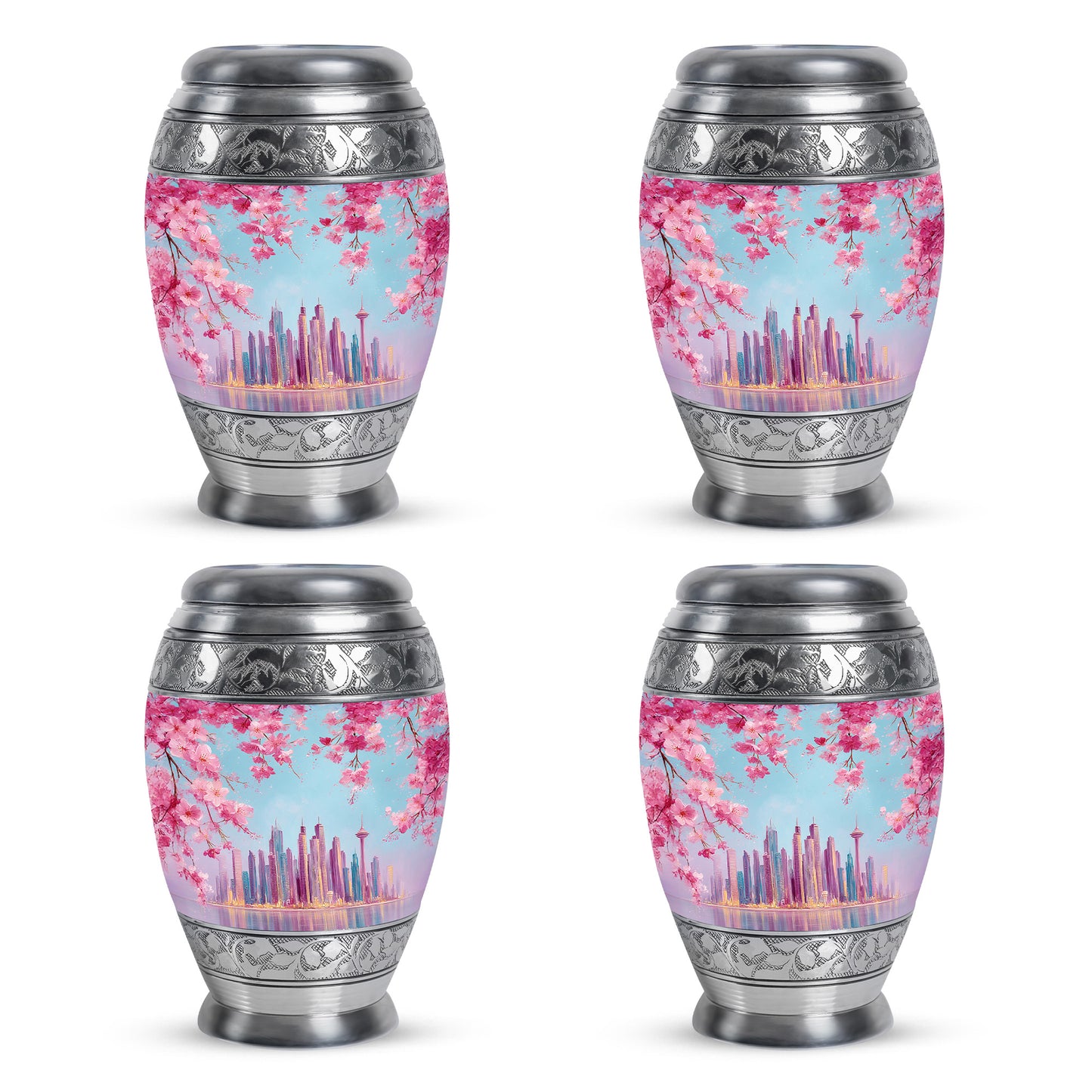 Pastel Blue Cherry Blossom Cremation Urn urn with complimentary velvet bag - regal cherry blossom design with crown-inspired accents - 10 inch aluminum urn for cremated remains