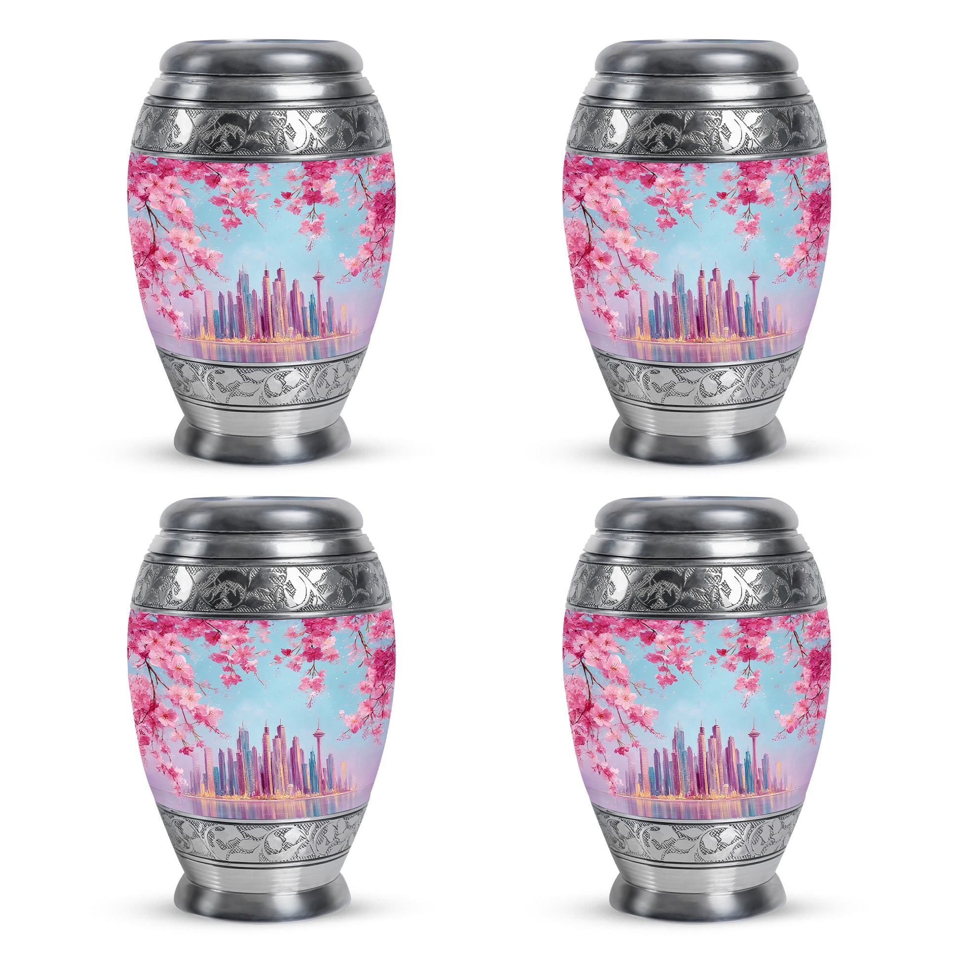 Pastel Blue Cherry Blossom Cremation Urn urn with complimentary velvet bag - regal cherry blossom design with crown-inspired accents - 10 inch aluminum urn for cremated remains