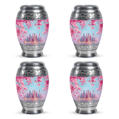 Pastel Blue Cherry Blossom Cremation Urn urn with complimentary velvet bag - regal cherry blossom design with crown-inspired accents - 10 inch aluminum urn for cremated remains