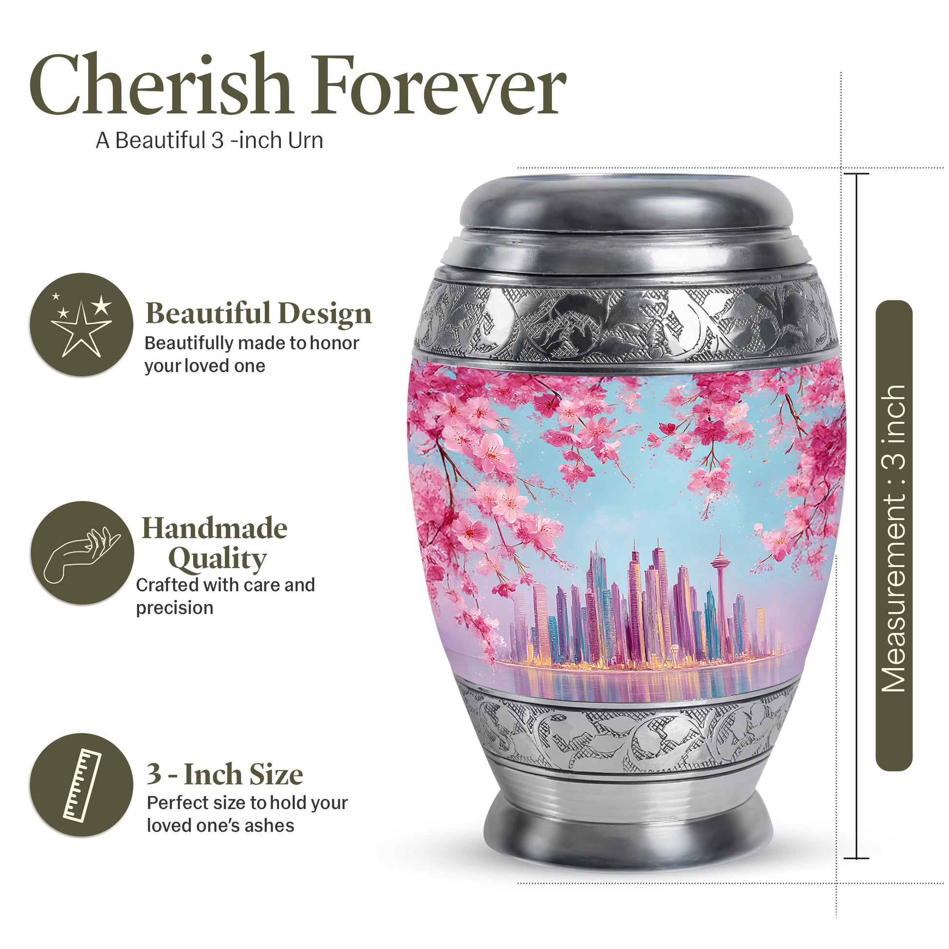Navy Blue Cherry Blossom Cremation Urn lifestyle display on memorial shelf - regal cherry blossom design with crown-inspired accents - mini keepsake memorial for portion of cremation ashes