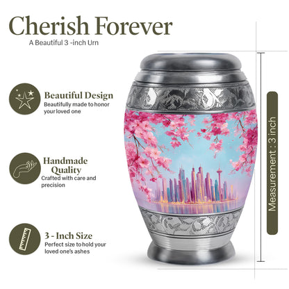 Navy Blue Cherry Blossom Cremation Urn lifestyle display on memorial shelf - regal cherry blossom design with crown-inspired accents - mini keepsake memorial for portion of cremation ashes