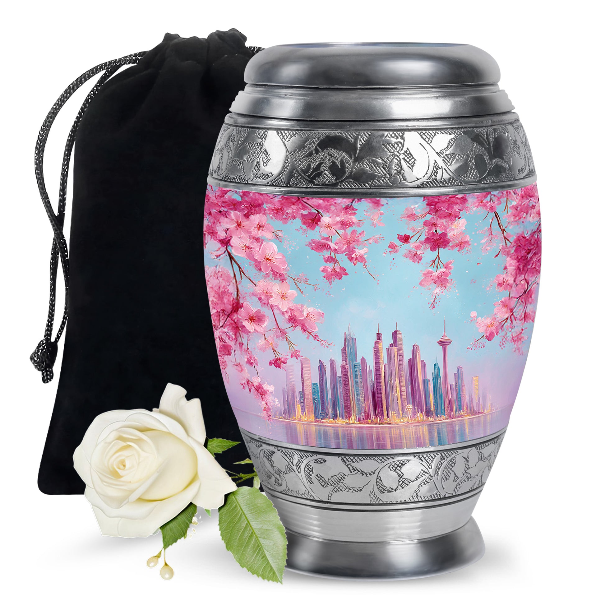 Twilight Blue Cherry Blossom Cremation Urn back view with polished surface - royal cherry blossom engraving with decorative scrollwork - full-size 10 inch 200 cubic inch adult cremation urn
