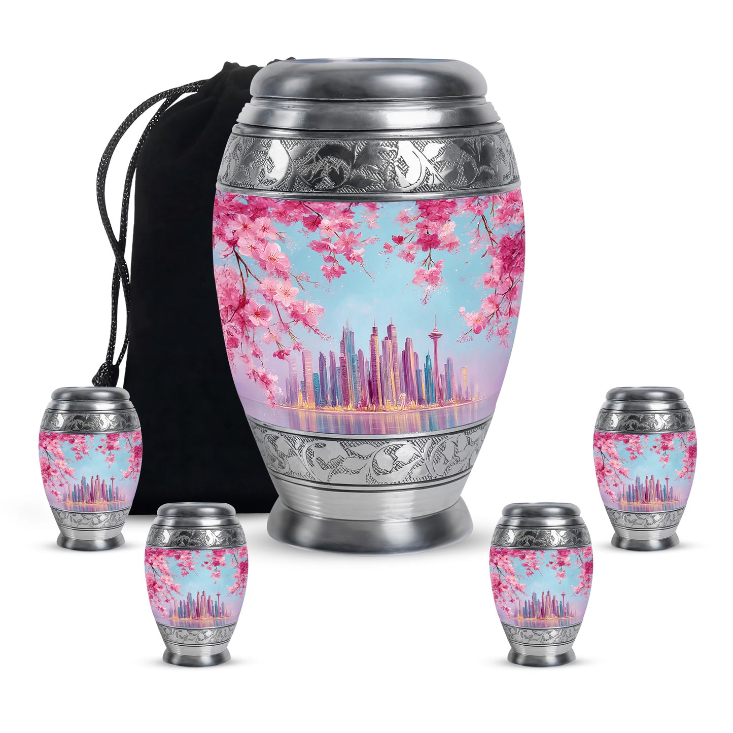 Celestial Blue Cherry Blossom Cremation Urn detail view - regal cherry blossom design with crown-inspired accents - memorial set with one large and four small urns