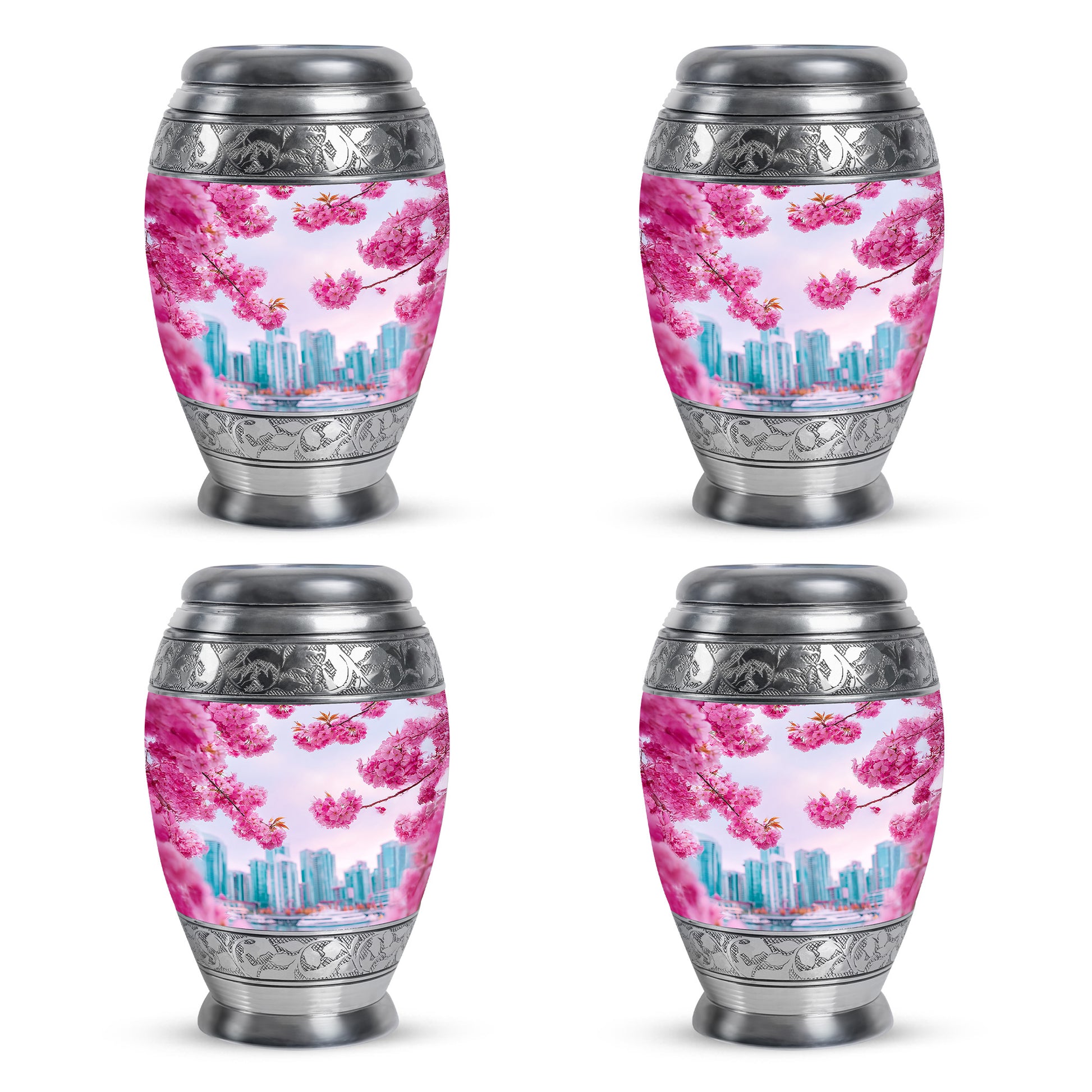 Pastel Pink Cherry Blossom Cremation Urn urn with complimentary velvet bag - ornate monarch-style cherry blossom relief on brushed aluminum - 10 inch aluminum urn for cremated remains