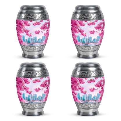 Pastel Pink Cherry Blossom Cremation Urn urn with complimentary velvet bag - ornate monarch-style cherry blossom relief on brushed aluminum - 10 inch aluminum urn for cremated remains